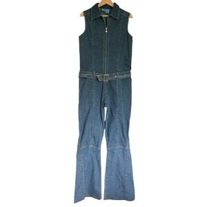 Y2K Groggy Denim Sleeveless Flared Leg Belted Zipper Jumpsuit Retro Collar Large